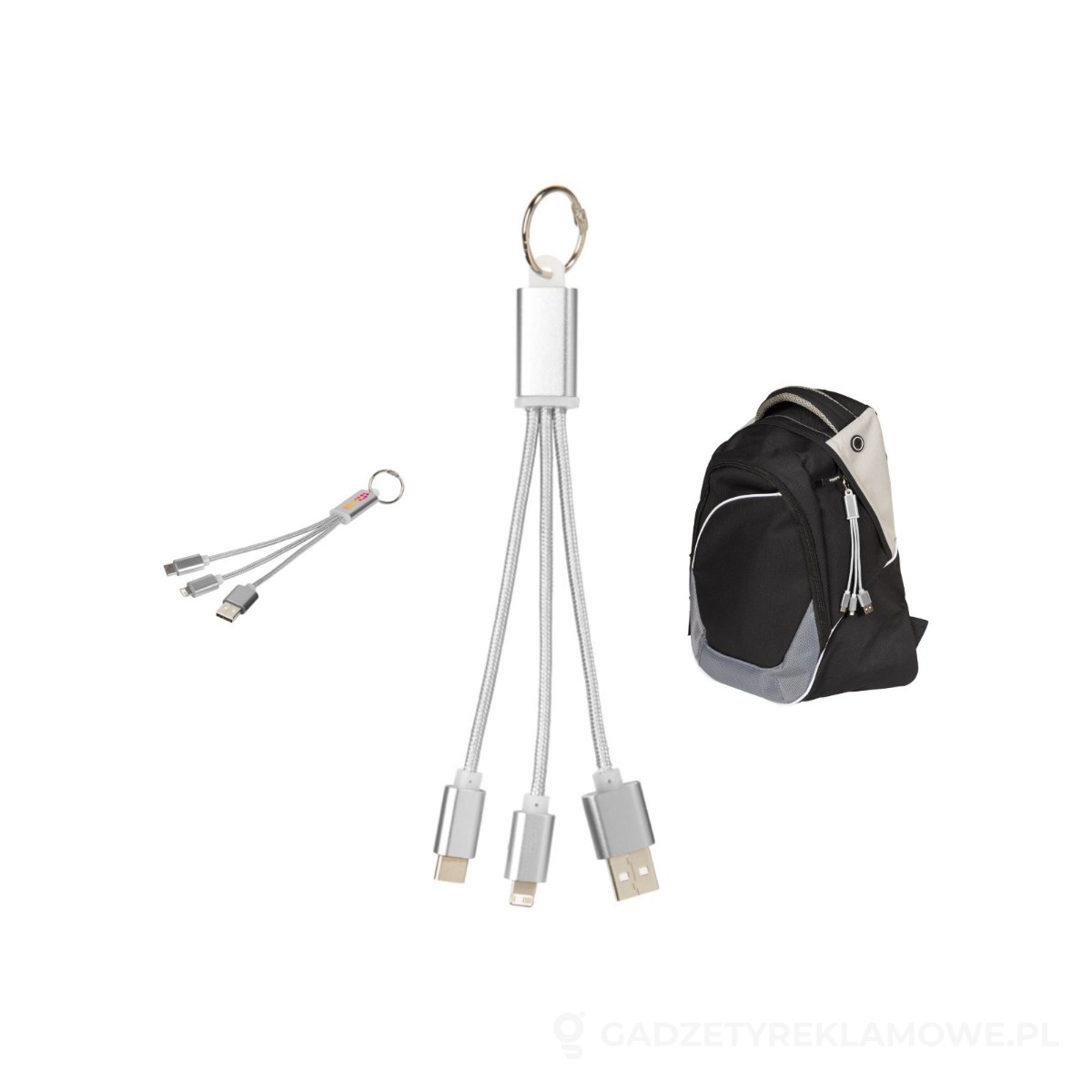 13496101-wariant-watermark Kabel do ładowania 3w1 Metal z kółkiem na klucze - szary – zdjęcia produktu