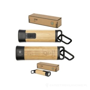 Kuma latarka z karabińczykiem wykonana z bambusa i tworzyw sztucznych pochodzących z recyklingu z certyfikatem RCS - piasek pustyni – zdjęcia produktu