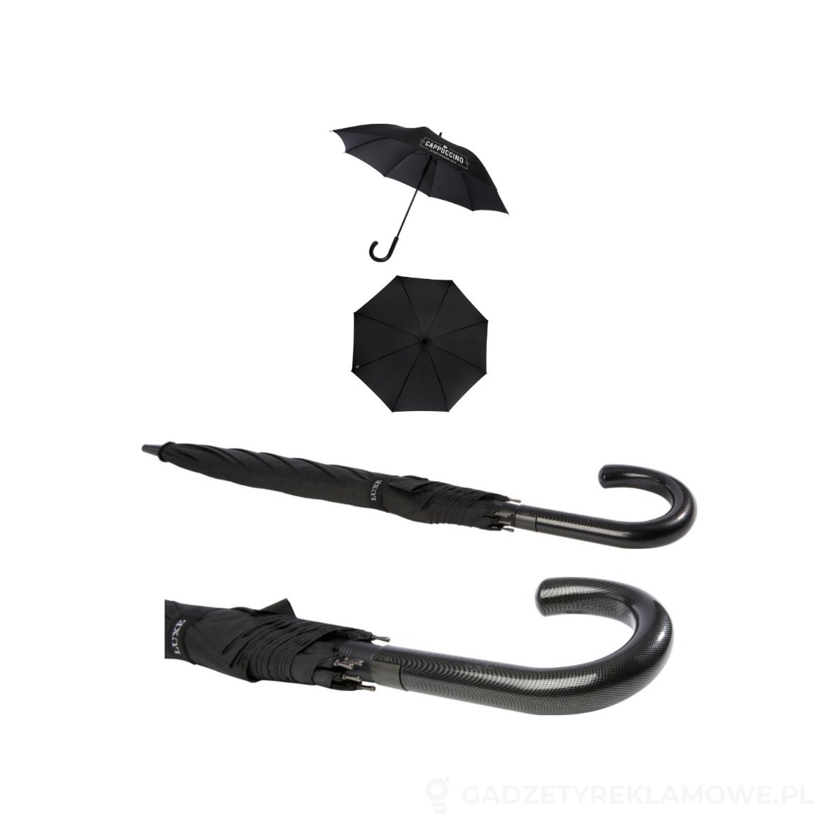 PFC-109413-wariant-watermark Fontana parasol z funkcją automatycznego otwierania, w optyce karbonowej i z przekrzywioną rączką o wymiarach 23