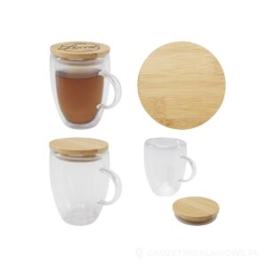 Szklany kubek Leona 350 ml z bambusową pokrywką - biały – zdjęcia produktu