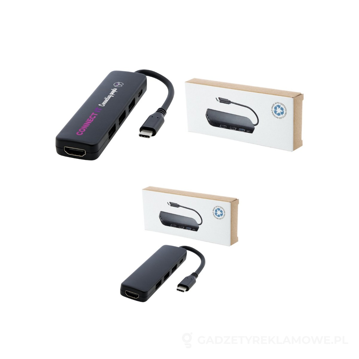 PFC-12436890-wariant-watermark Loop adapter multimedialny USB 2.0-3.0 z portem HDMI wykonany z tworzyw sztucznych pochodzących z recyklingu z certyfikatem R - czarny – zdjęcia produktu