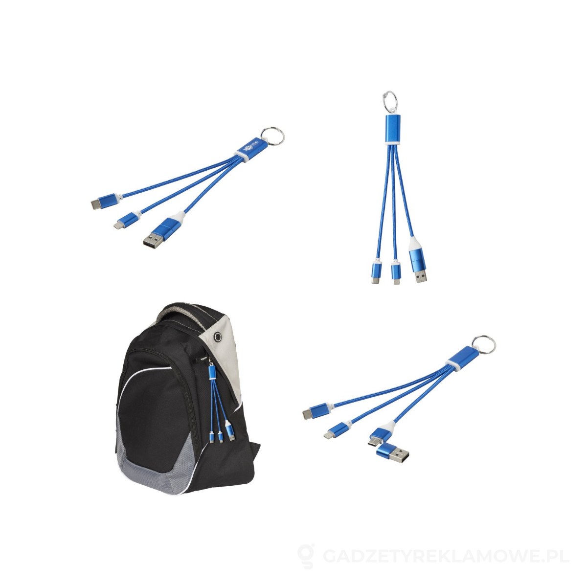 PFC-12438253-wariant-watermark Metal kabel do ładowania 4 w 1 z aluminium z recyklingu z łańcuchem do kluczy - niebieski – zdjęcia produktu