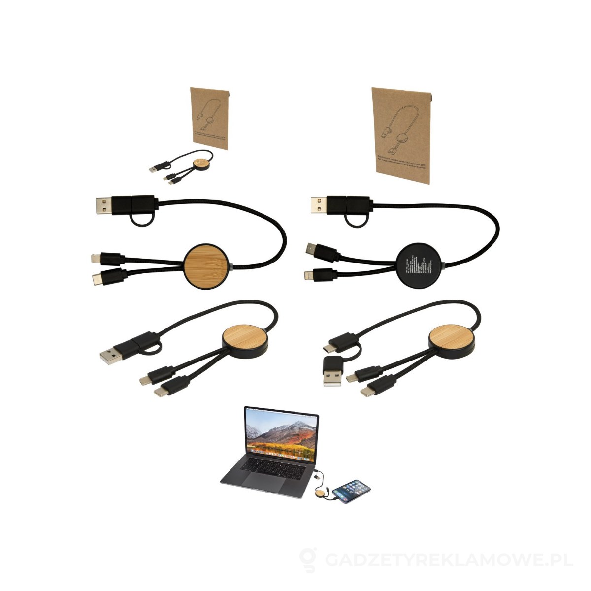 PFC-12442190-wariant-watermark Chechia kabel do synchronizacji danych i szybkiego ładowania 5 w 1 27 W o długości 30 cm z tworzyw sztucznych pochodzących z recyklingu z detalami z bambusa - czarny – zdjęcia produktu