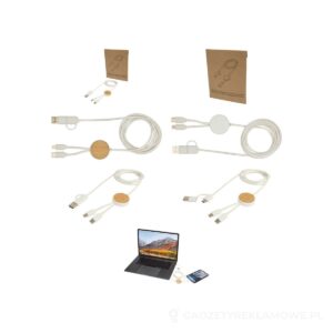 Chechia kabel do synchronizacji danych i szybkiego ładowania 5 w 1 27 W o długości 150 cm z tworzyw sztucznych pochodzących z recyklingu z detalami z bambusa - biały – zdjęcia produktu