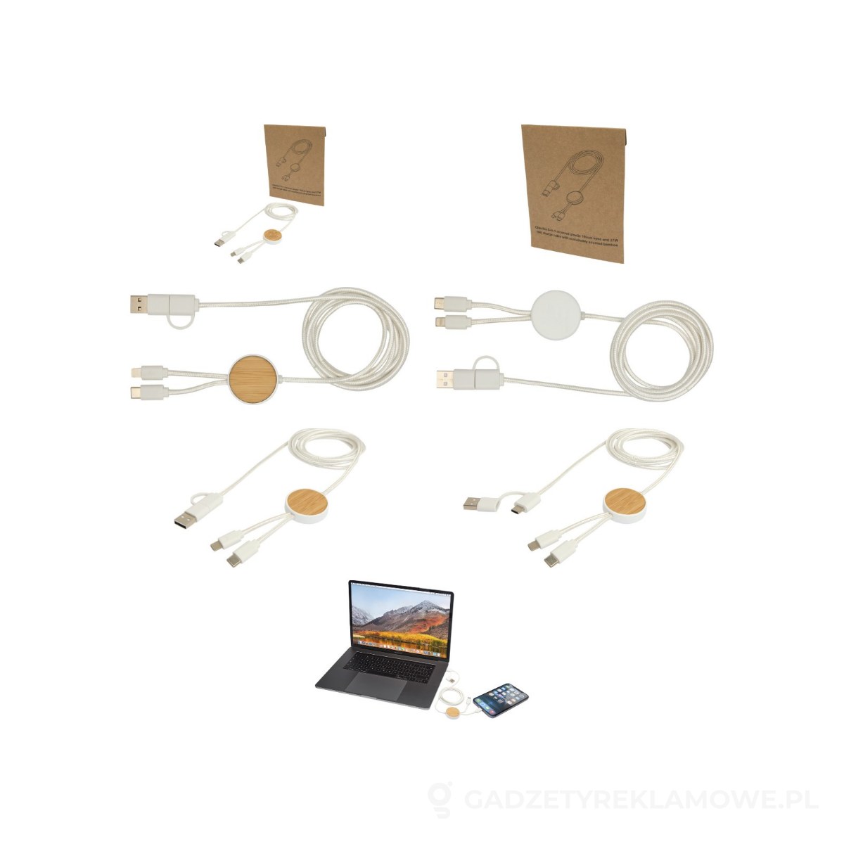 PFC-12442201-wariant-watermark Chechia kabel do synchronizacji danych i szybkiego ładowania 5 w 1 27 W o długości 150 cm z tworzyw sztucznych pochodzących z recyklingu z detalami z bambusa - biały – zdjęcia produktu