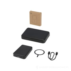 Acrab magnetyczny bezprzewodowy powerbank o pojemności 5000 mAh i mocy 15 W z technologią PD 20 W — wykonany z tworzyw sztycznych pochodzących z recyklingu. - czarny – zdjęcia produktu