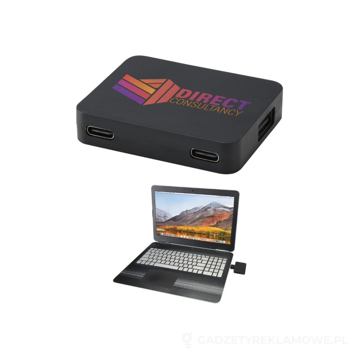 PFC-12444990-wariant-watermark Gaia 4-portowy hub USB z wyjściem USB-A i typu C oraz podwójnym wejściem — wykonany z tworzyw sztucznych pochodzących z recyklingu - czarny – zdjęcia produktu