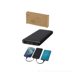 Adhil powerbank o pojemności 10.000 mAh i mocy 10 W z tworzyw sztucznych pochodzących z recyklilngu z 2 wbudowanymi kablami - czarny – zdjęcia produktu