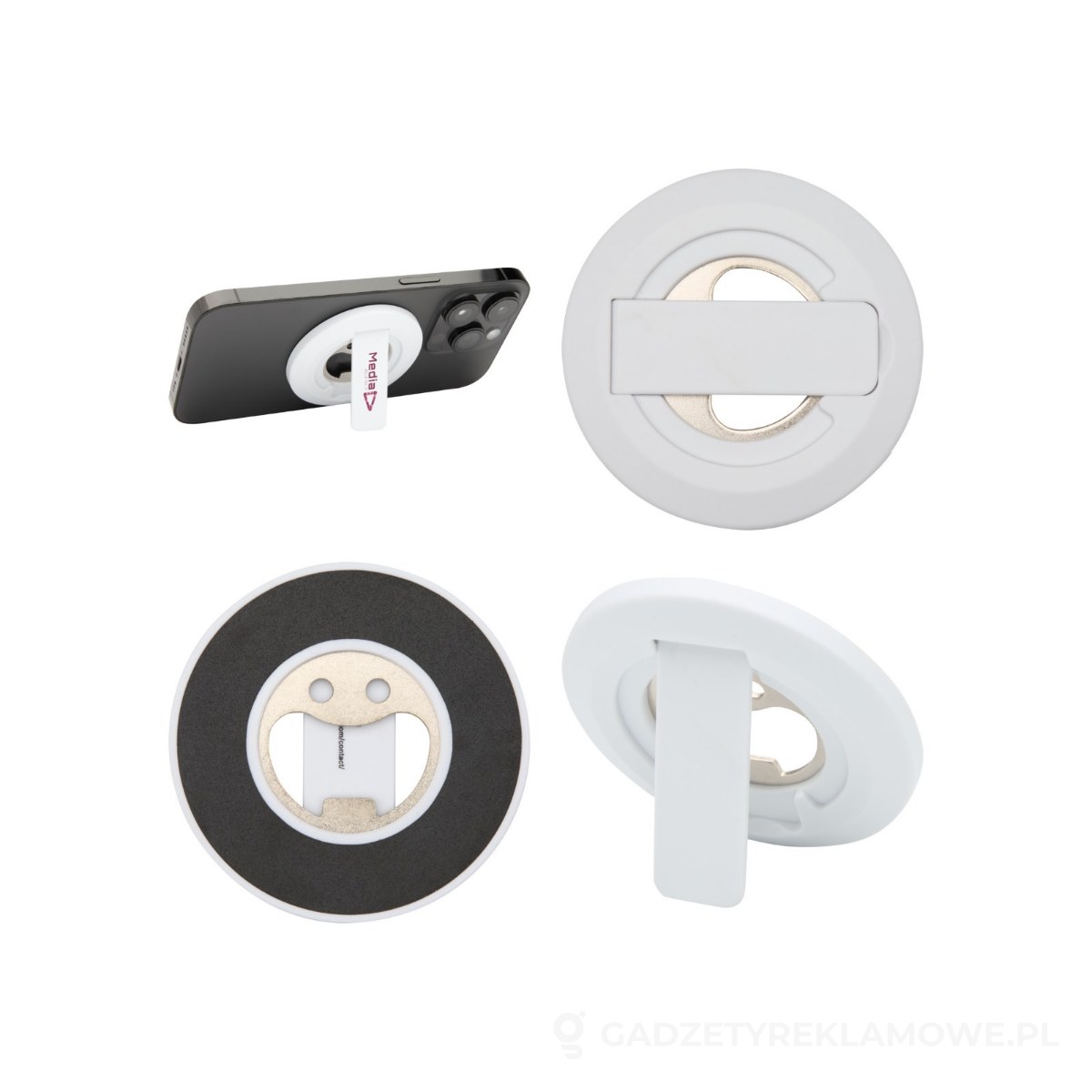 PFC-12446101-wariant-watermark Ain podstawka na telefon z mocowaniem magnetycznym, z tworzyw sztucznych pochodzących z recyklingu z otwieraczem do butelek - biały – zdjęcia produktu