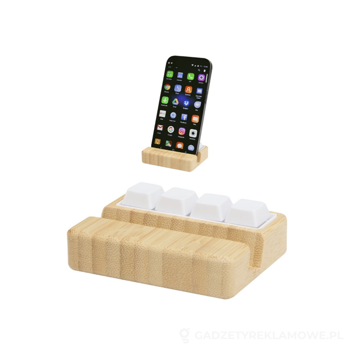 PFC-12446671-wariant-watermark Algol stojak na telefon i zabawka sensoryczna z tworzyw sztucznych pochodzących z recylingu z elementami bambusowymi - brazowy – zdjęcia produktu