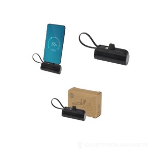 Alnair powerbank o pojemności 5000 mAh i mocy 10 W, wykonany z tworzyw sztucznych pochodzących z recyklingu, z wbudowaną podstawką i kablem 2 w 1 - czarny – zdjęcia produktu
