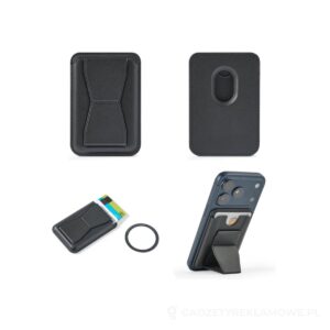 CONNOR. Magnetyczny uchwyt na karty wykonany ze skóry PU, łatwo mocowany do tylnej części telefonu komórkowego, z blokadą RFID - czarny – zdjęcia produktu
