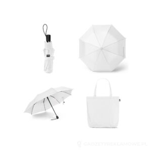 SKYLAR. Parasol 2 w 1 z torbą na zakupy z poliestru z recyklingu w zestawie - biały – zdjęcia produktu